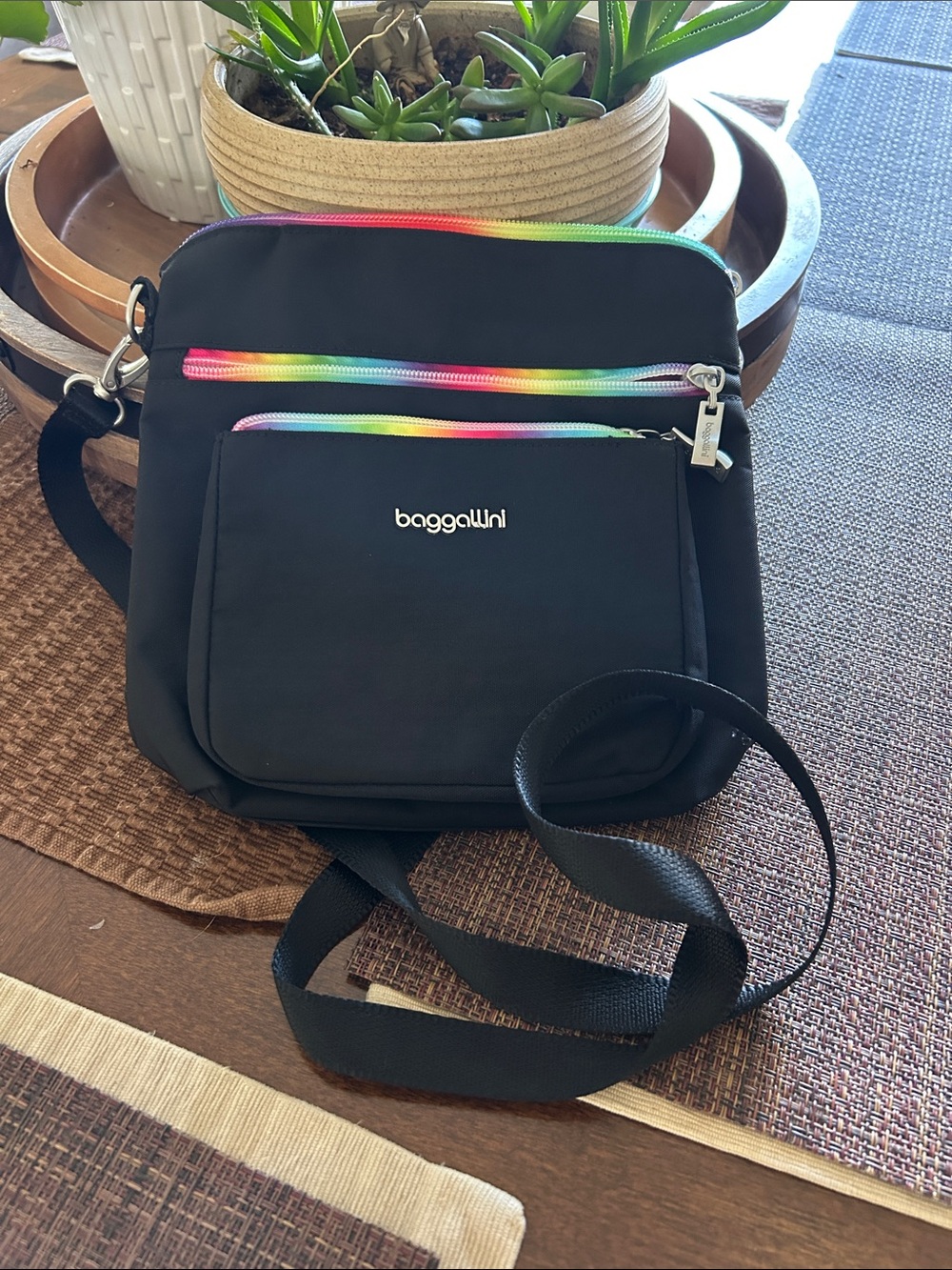 Baggallini Black Messenger Bag with Rainbow Zippers
